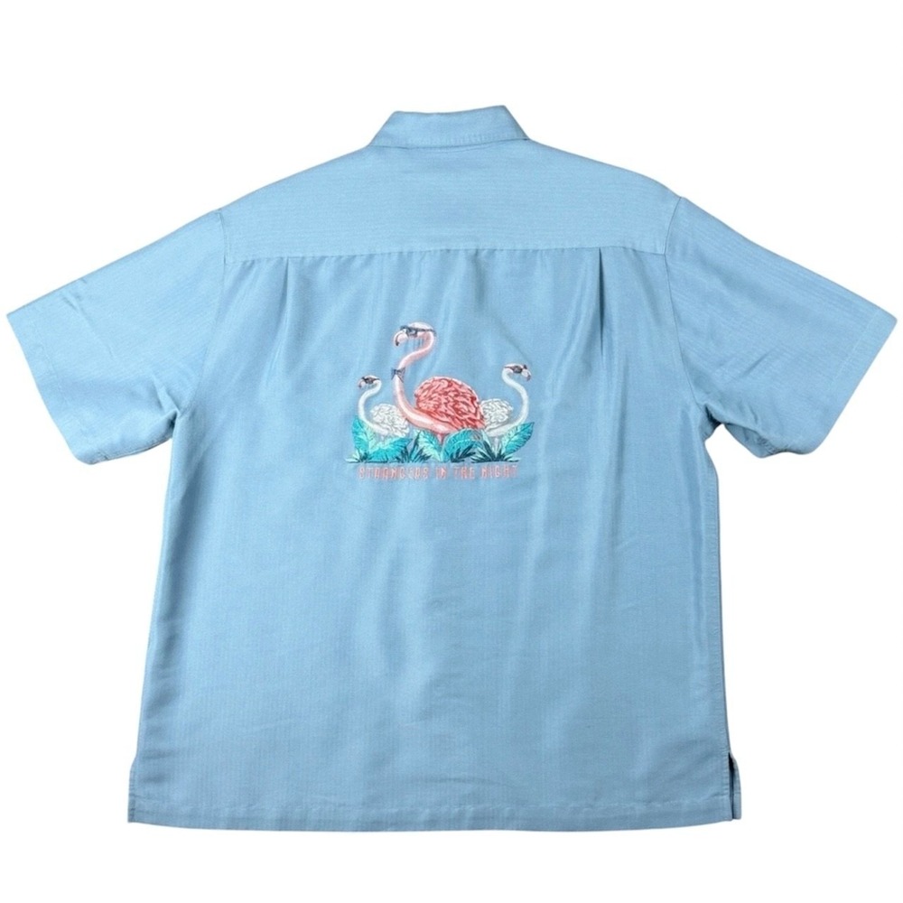 Caribbean‎ Men's L Blue Flamingo Strangers in the Night Embroidered Shirt Summer